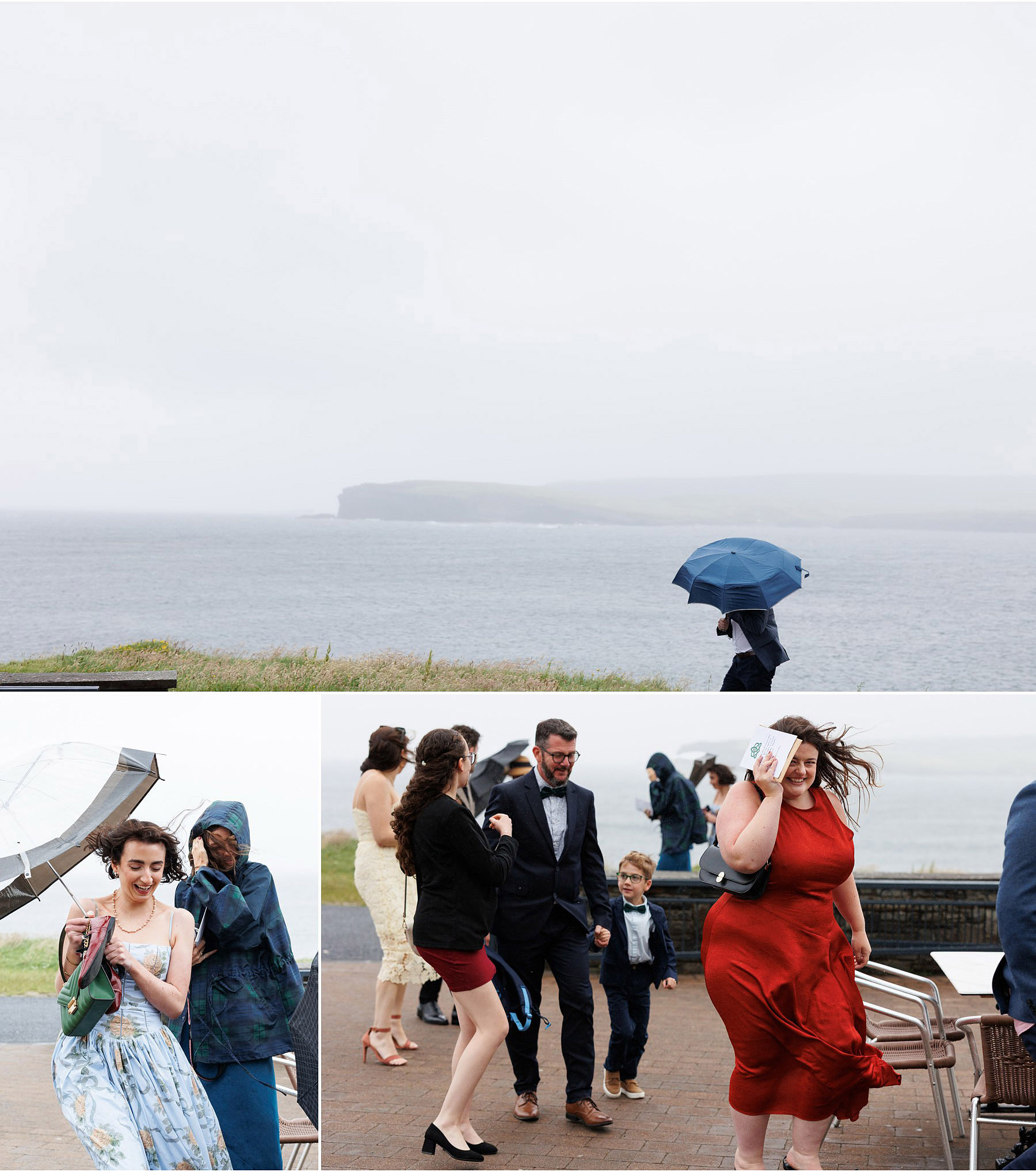 guests arrive in gusty wet weather to Diamond rocks wedding