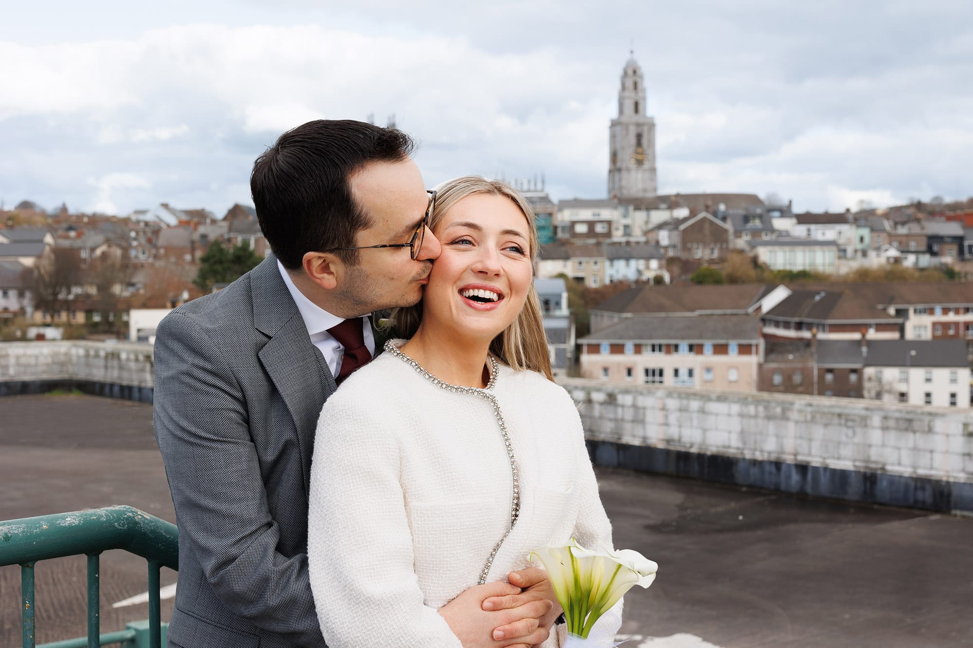 Cork city landmarks in the back ground for this small registry office wedding celebration