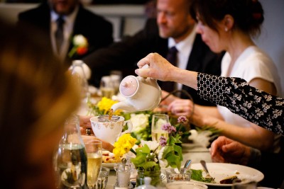 real cups of tea at wedding in the Crawford art gallery cafe