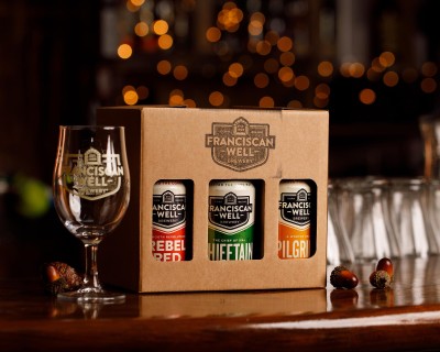product photography for the franciscan well gift pack of 6 beers with Christmas lights in the background