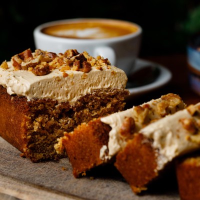 Slices of coffee cake with cup of coffee